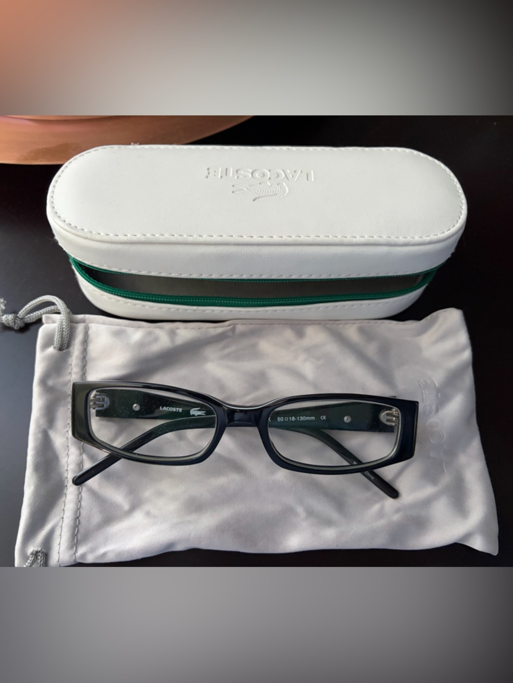 Lacoste Black Eyeglasses with White Case and Green Trim